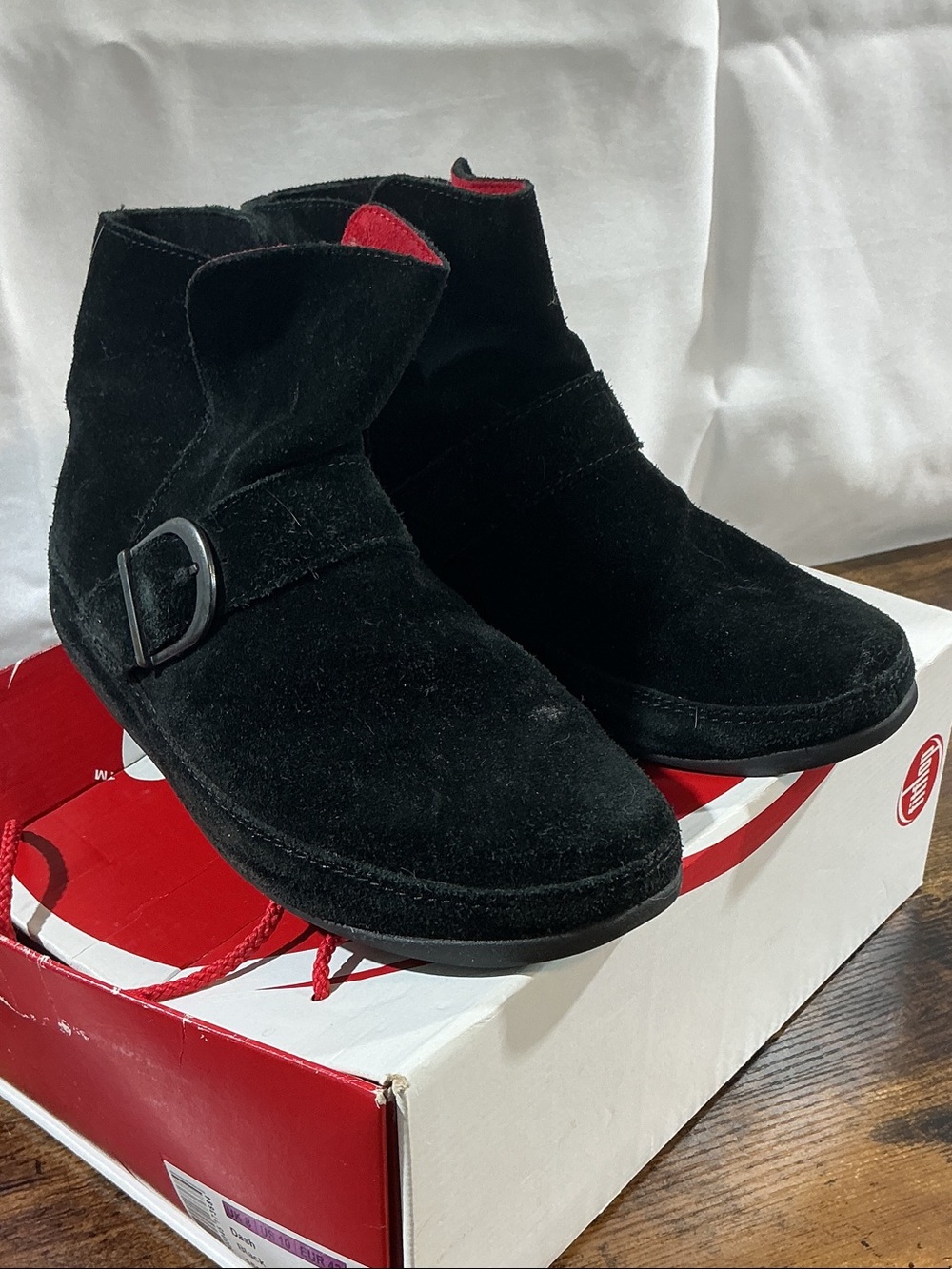Fitflop Dash Black Suede Ankle Booties with Red Lining Accent